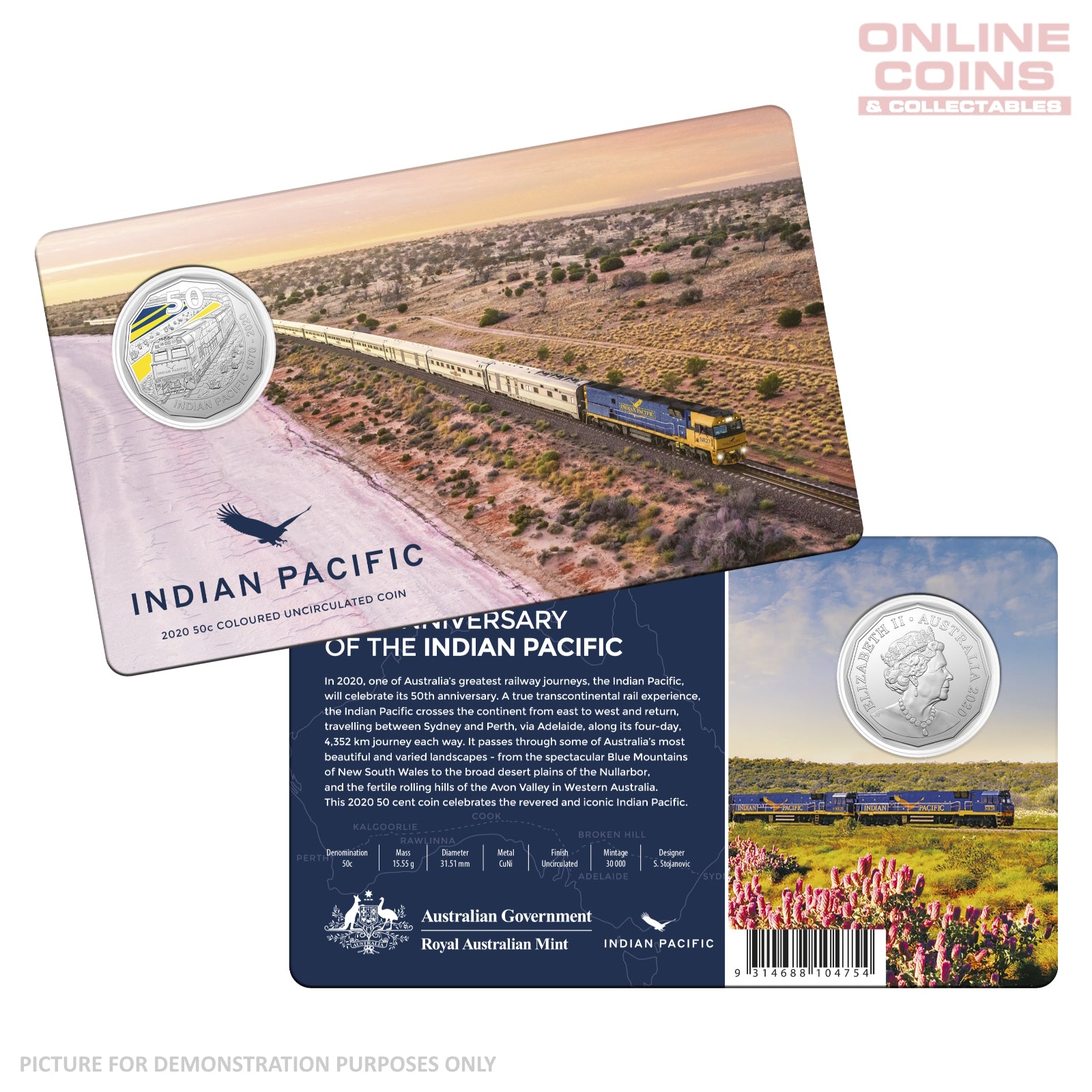 2020 50c CuNi Coloured Uncirculated Carded Coin - 50th Anniversary of the Indian Pacific